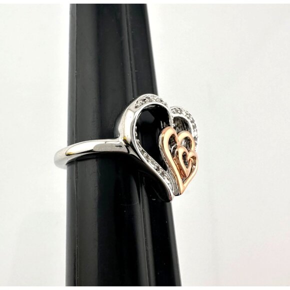 Natural Diamond Triple Heart Ring - Two Tone - Size 7.25 - Picture 9 of 16